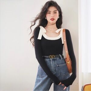 DAZY Black Ribbed Knit Bow Shoulder Top Contrast Trim Size S